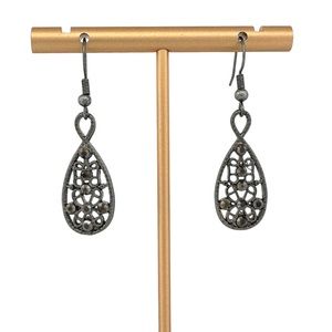 Filigree Teardrop Dangle Earrings Small Drop Earrings w/ Rhinestones